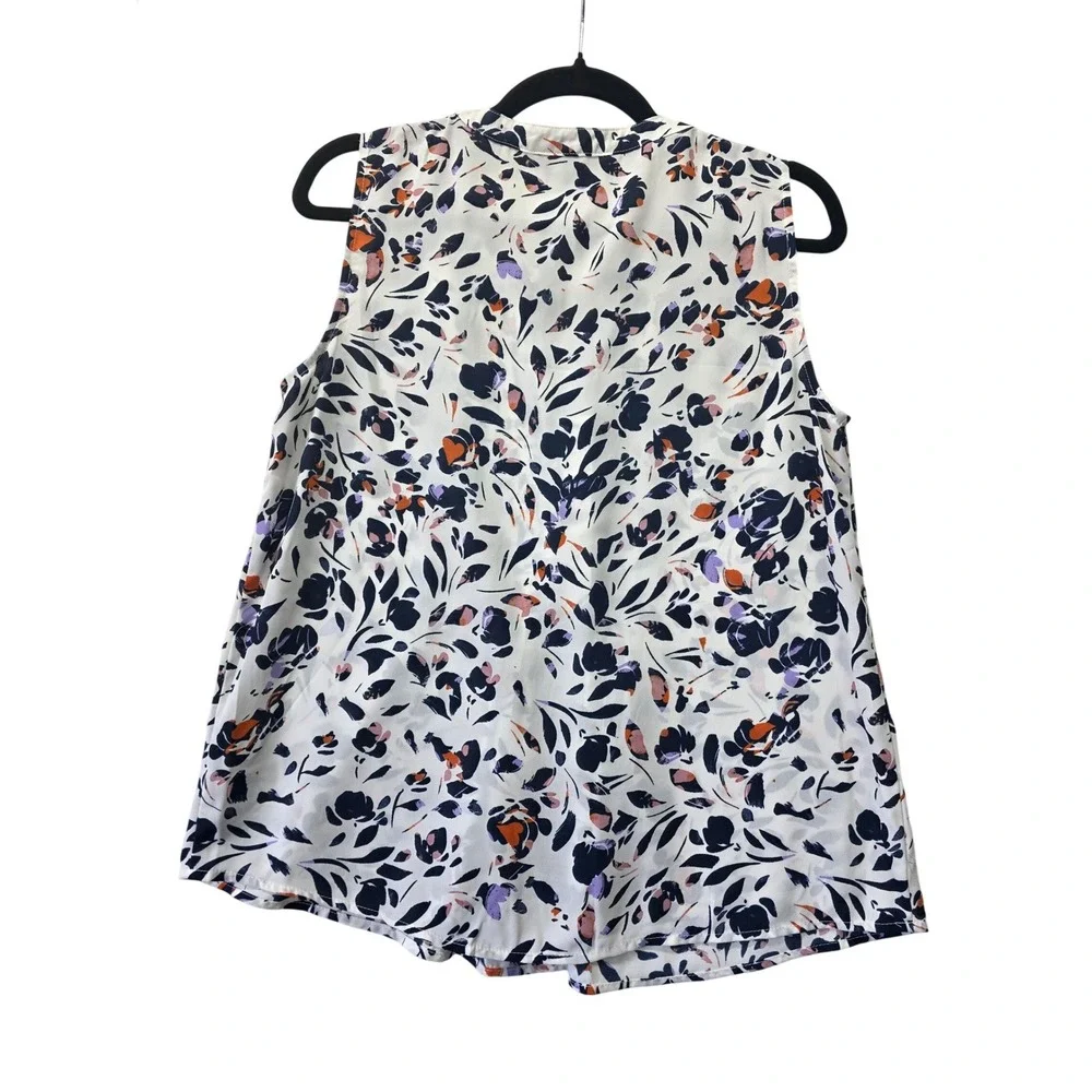 Zac & Rachel Womens Med Floral Sleeveless Pleated Front Blouse Navy Orange White - Picture 2 of 7